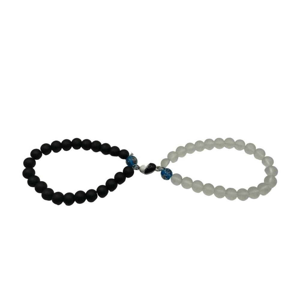 Yin Yang Friendship Bracelets Set With Heart Charm & Blue Accents